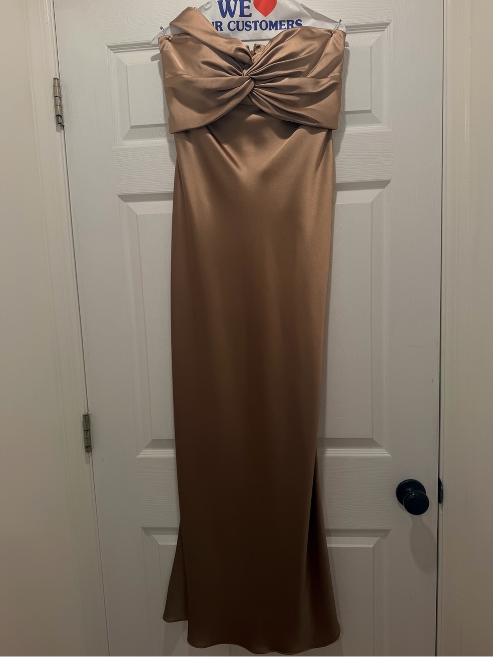 Satin Strapless Twist-Front Maxi Dress in Gold
